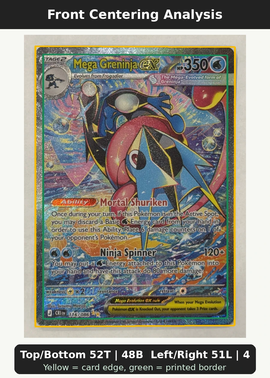 Mega Greninja ex 116/86 Chaos Rising front centering analysis showing Top/Bottom 52T | 48B and Left/Right 51L | 49R.