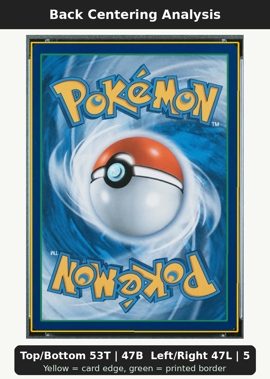 Umbreon BW93/101 BW Black Star Promos back centering analysis showing Top/Bottom 53T | 47B and Left/Right 47L | 53R.