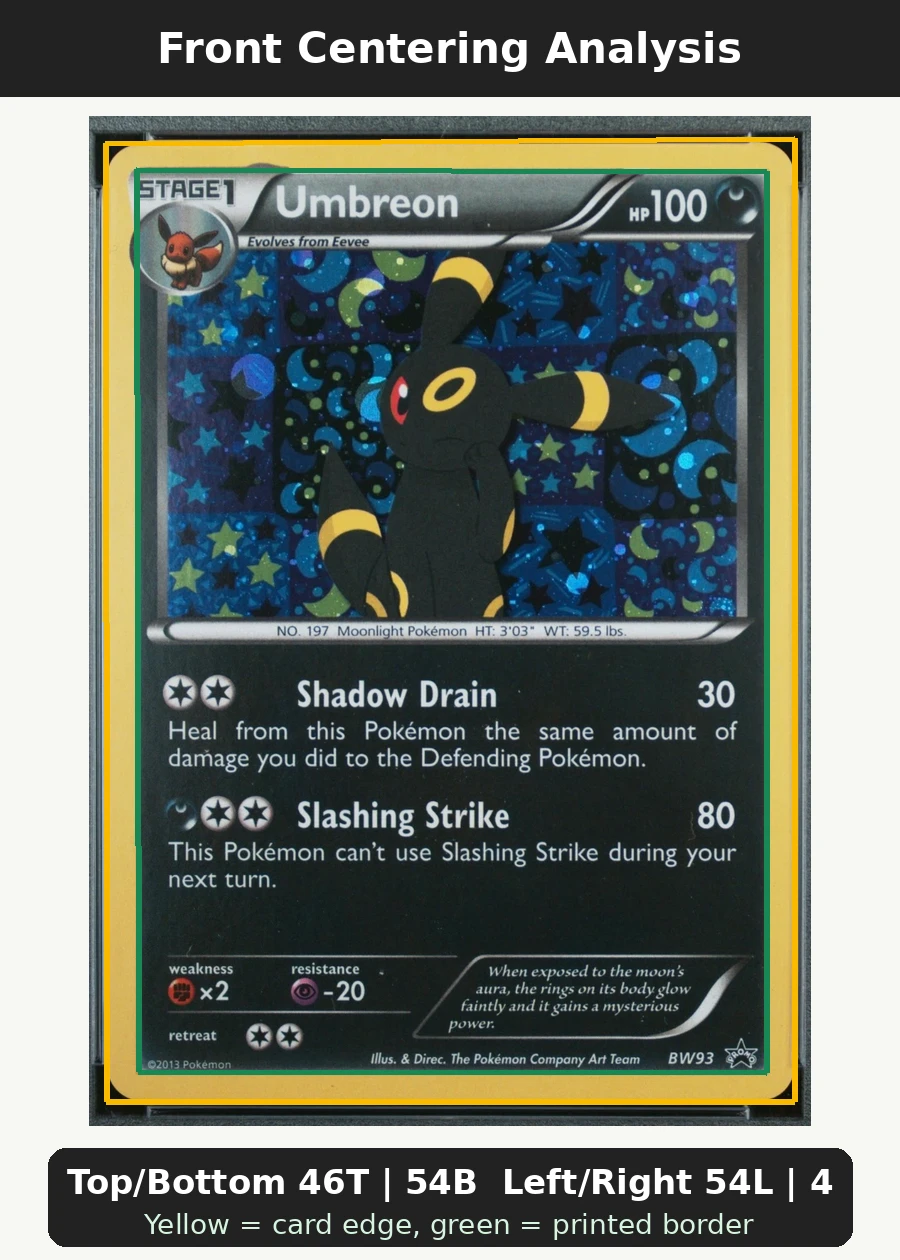 Umbreon BW93/101 BW Black Star Promos front centering analysis showing Top/Bottom 46T | 54B and Left/Right 54L | 46R.