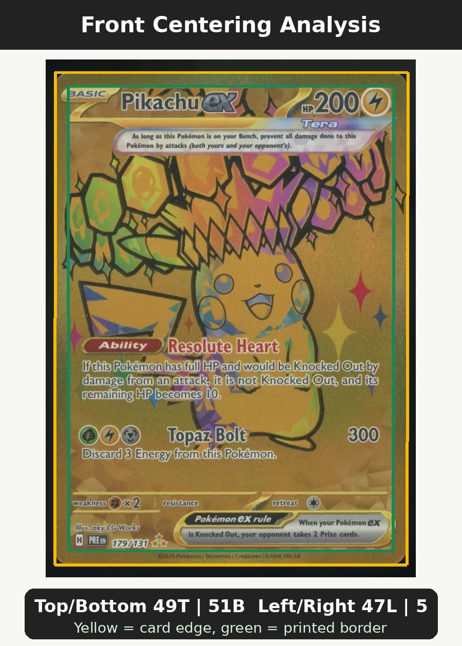 Pikachu ex 179/131 Prismatic Evolutions front centering analysis showing Top/Bottom 49T | 51B and Left/Right 47L | 53R.