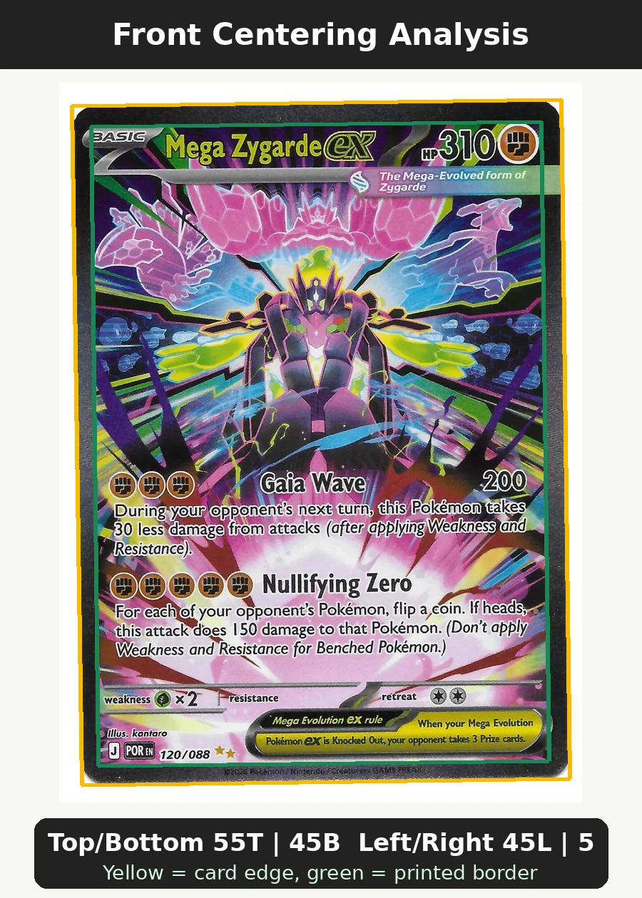 Mega Zygarde ex 120/88 Perfect Order front centering analysis showing Top/Bottom 55T | 45B and Left/Right 45L | 55R.