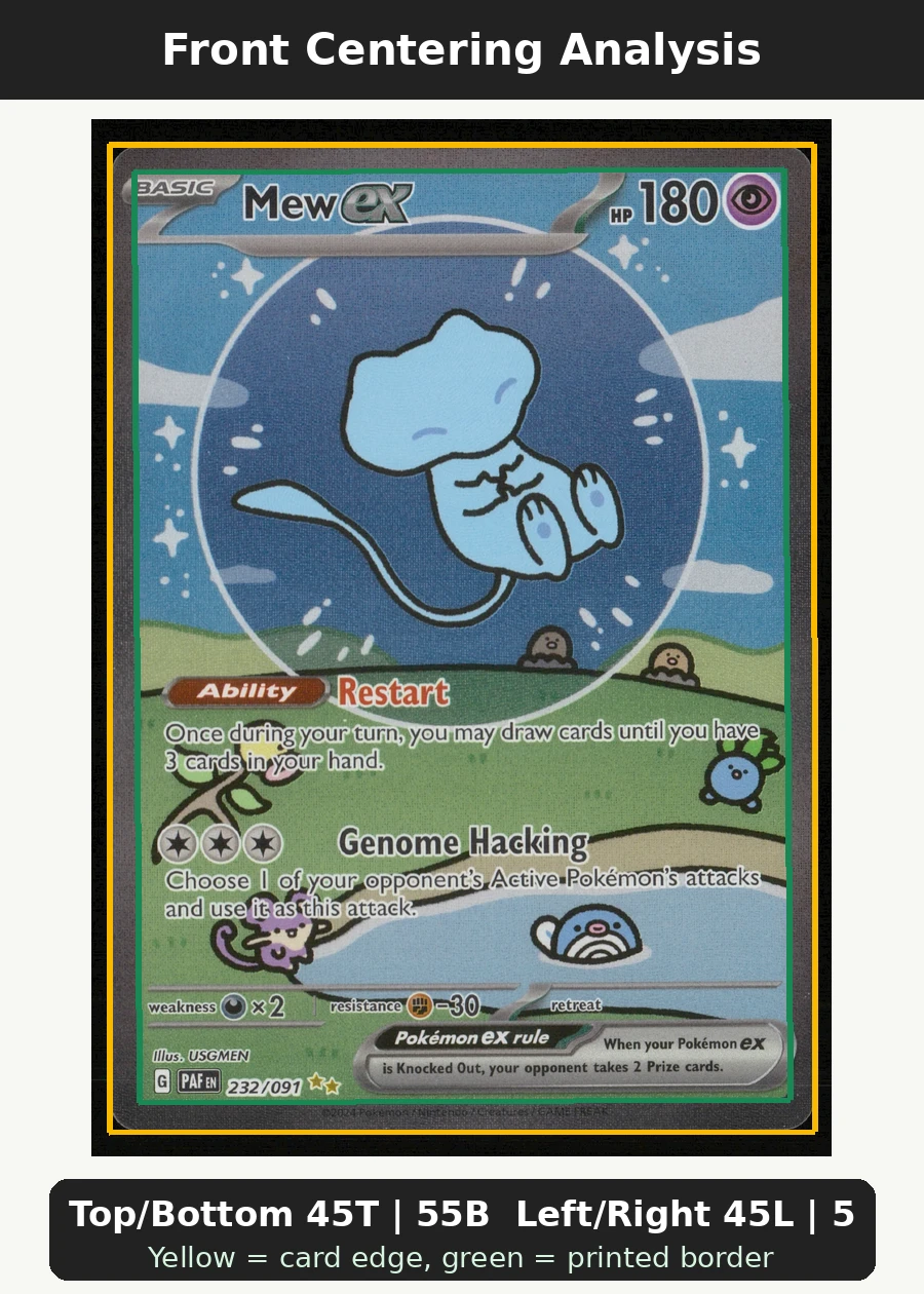 Mew ex 232/91 Paldean Fates front centering analysis showing Top/Bottom 45T | 55B and Left/Right 45L | 55R.