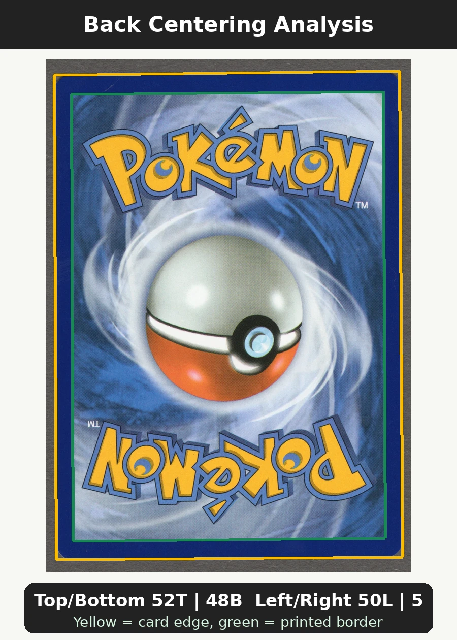 Pikachu ex 238/191 Surging Sparks back centering analysis showing Top/Bottom 52T | 48B and Left/Right 50L | 50R.
