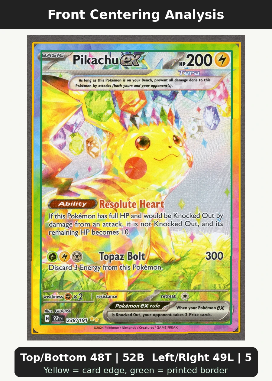 Pikachu ex 238/191 Surging Sparks front centering analysis showing Top/Bottom 48T | 52B and Left/Right 49L | 51R.