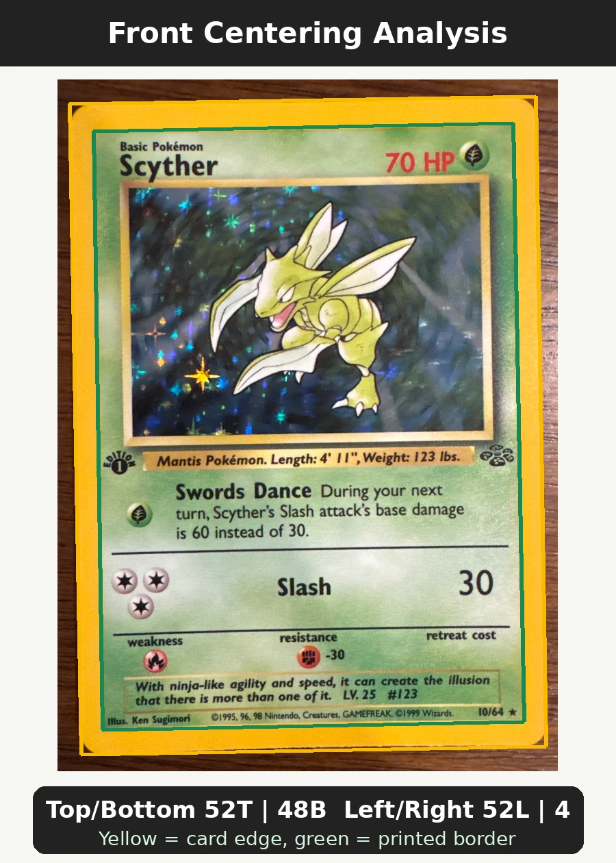 Scyther 010/64 Jungle front centering analysis showing Top/Bottom 52T | 48B and Left/Right 52L | 48R.