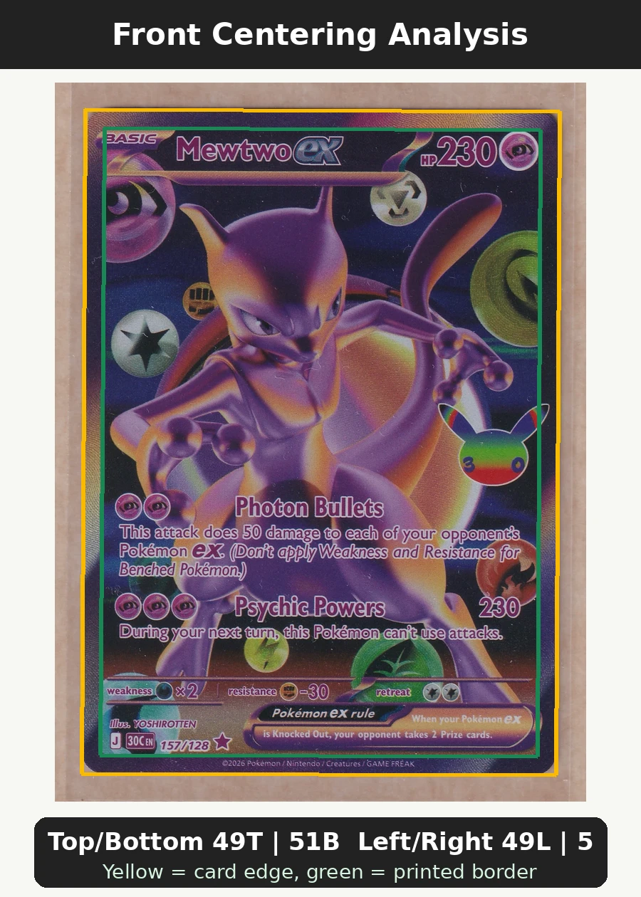 Mewtwo ex 157/128 30th Celebration front centering analysis showing Top/Bottom 49T | 51B and Left/Right 49L | 51R.
