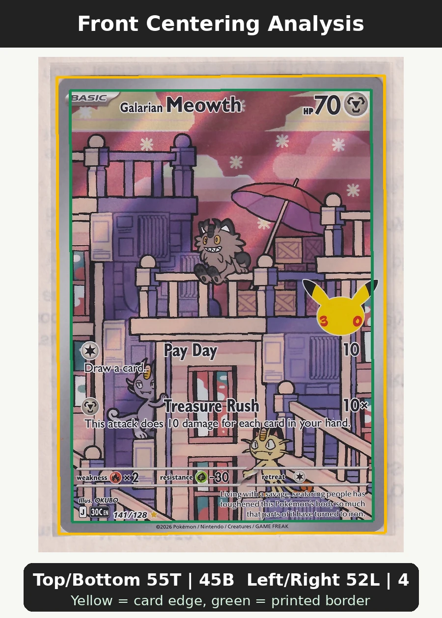 Galarian Meowth 141/128 30th Celebration front centering analysis showing Top/Bottom 55T | 45B and Left/Right 52L | 48R.