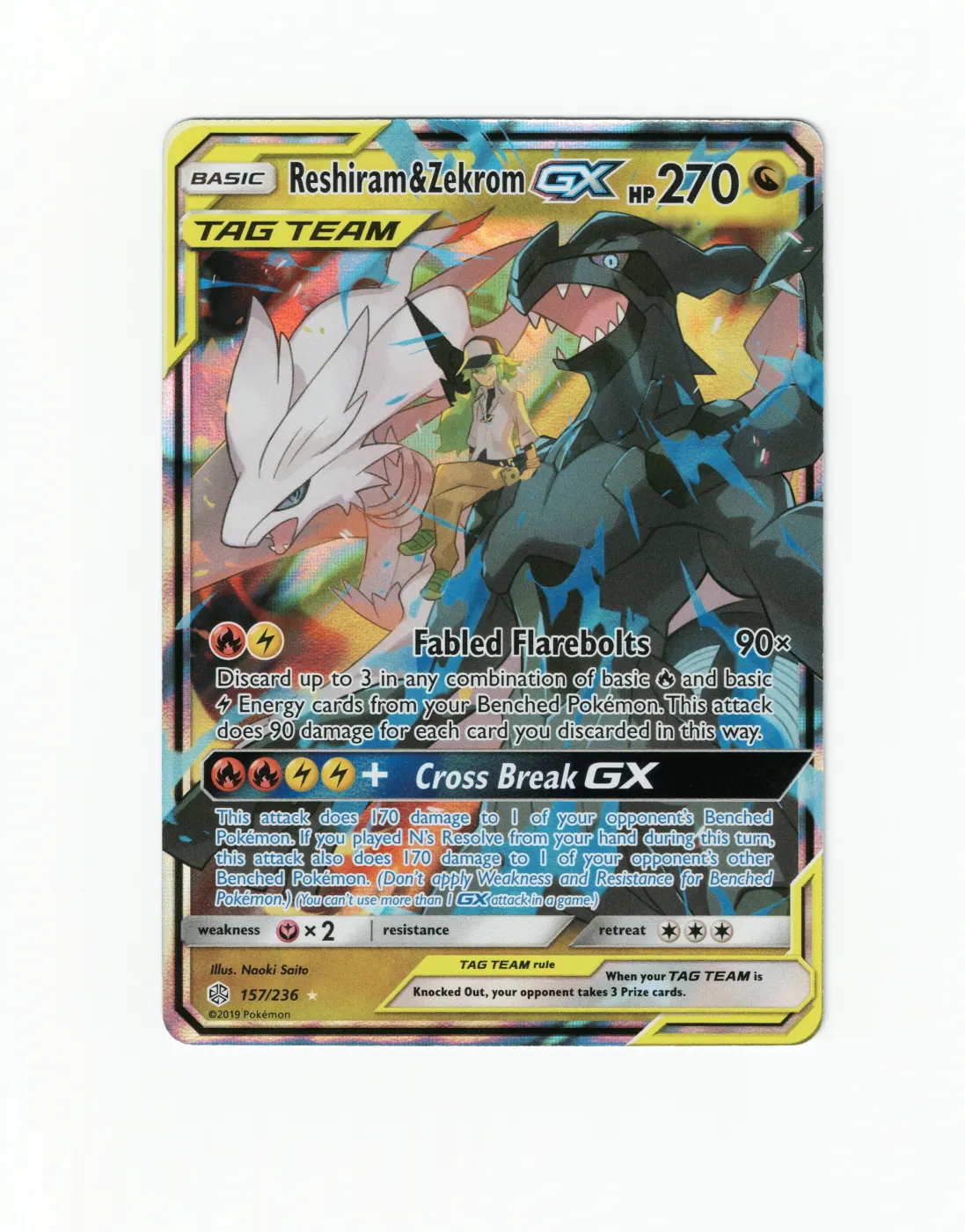 Reshiram & Zekrom GX 157/236 Cosmic Eclipse front card photo in PokeToGrade pregrading report