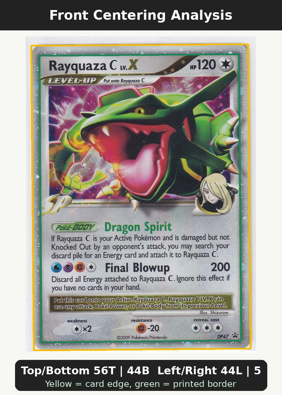 Rayquaza C DP47/56 DP Black Star Promos front centering analysis showing Top/Bottom 56T | 44B and Left/Right 44L | 56R.