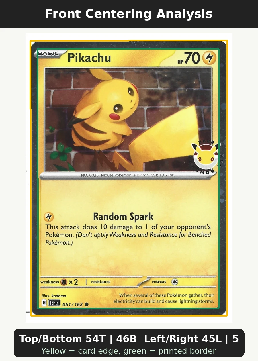 Pikachu 051/162 Temporal Forces front centering analysis showing Top/Bottom 54T | 46B and Left/Right 45L | 55R.