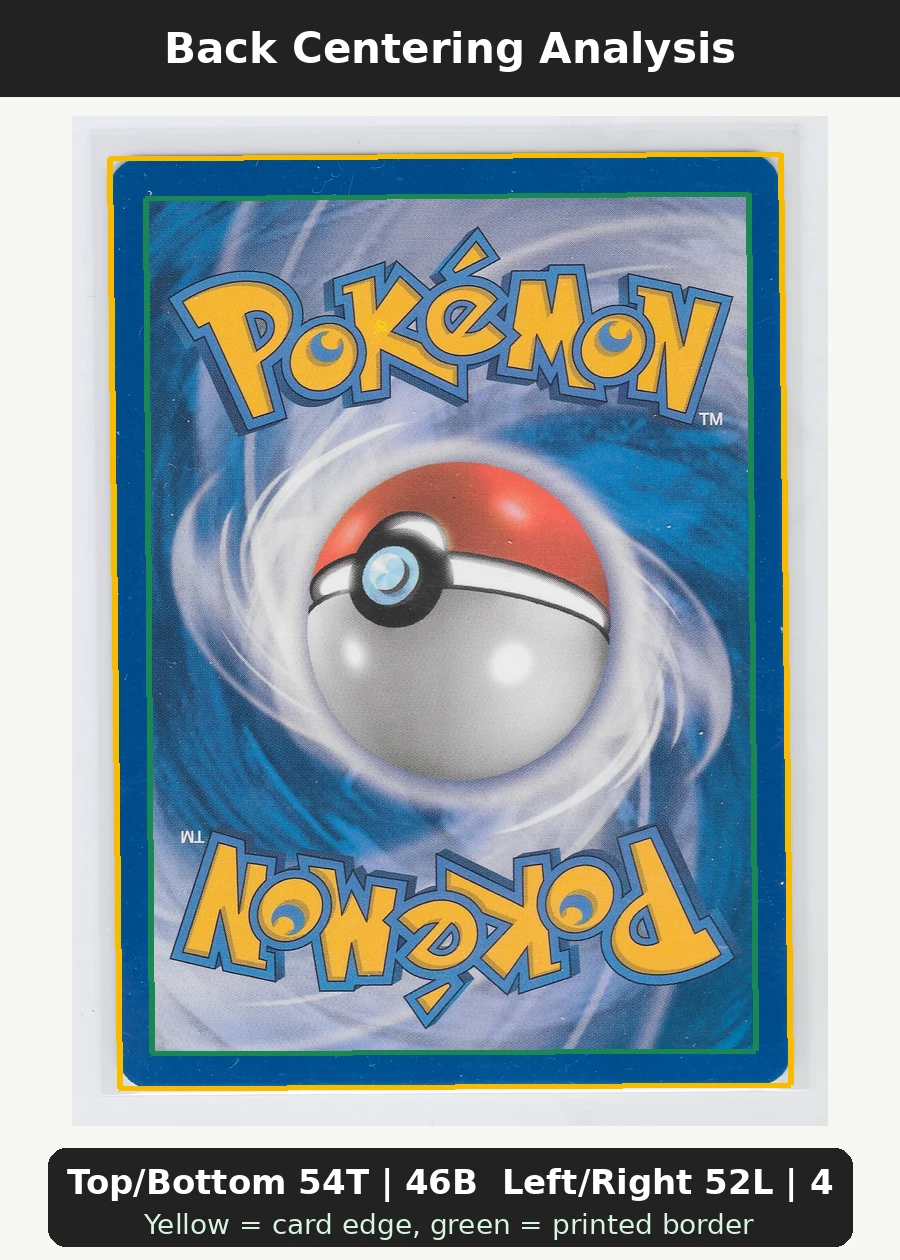 Houndoom 005/90 · Reverse Holo Undaunted back centering analysis showing Top/Bottom 54T | 46B and Left/Right 52L | 48R.