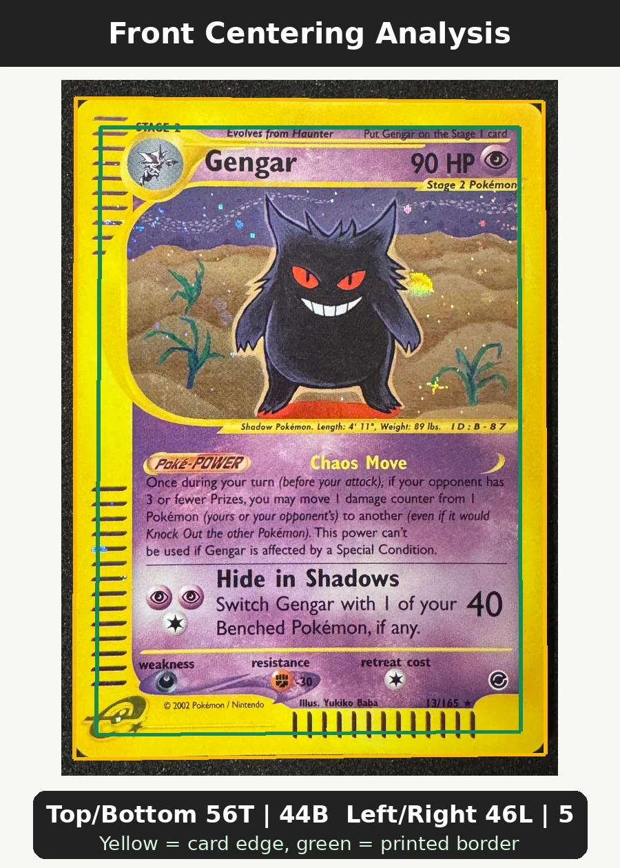 Gengar 013/165 · Holo Expedition Base Set front centering analysis showing Top/Bottom 56T | 44B and Left/Right 46L | 54R.