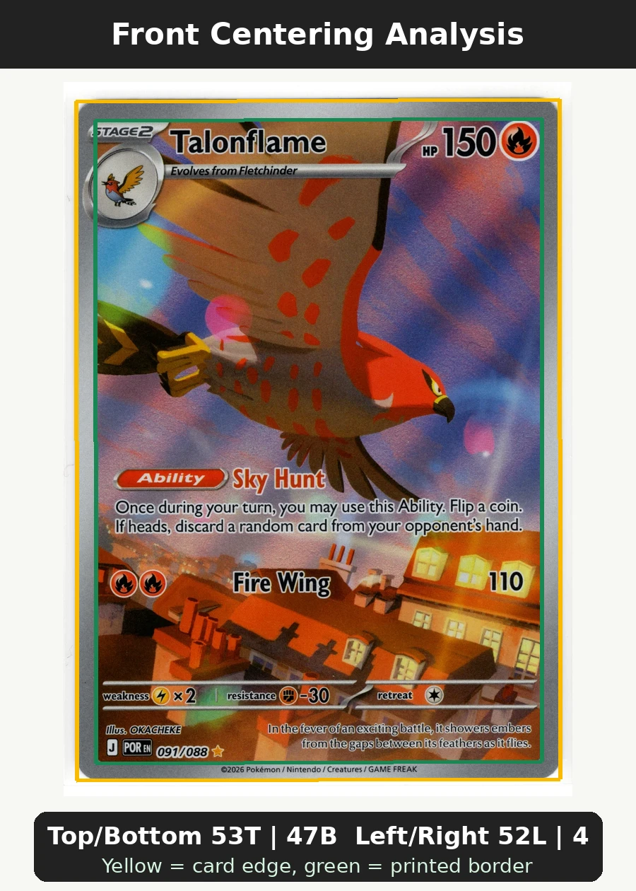Talonflame 091/88 Perfect Order front centering analysis showing Top/Bottom 53T | 47B and Left/Right 52L | 48R.