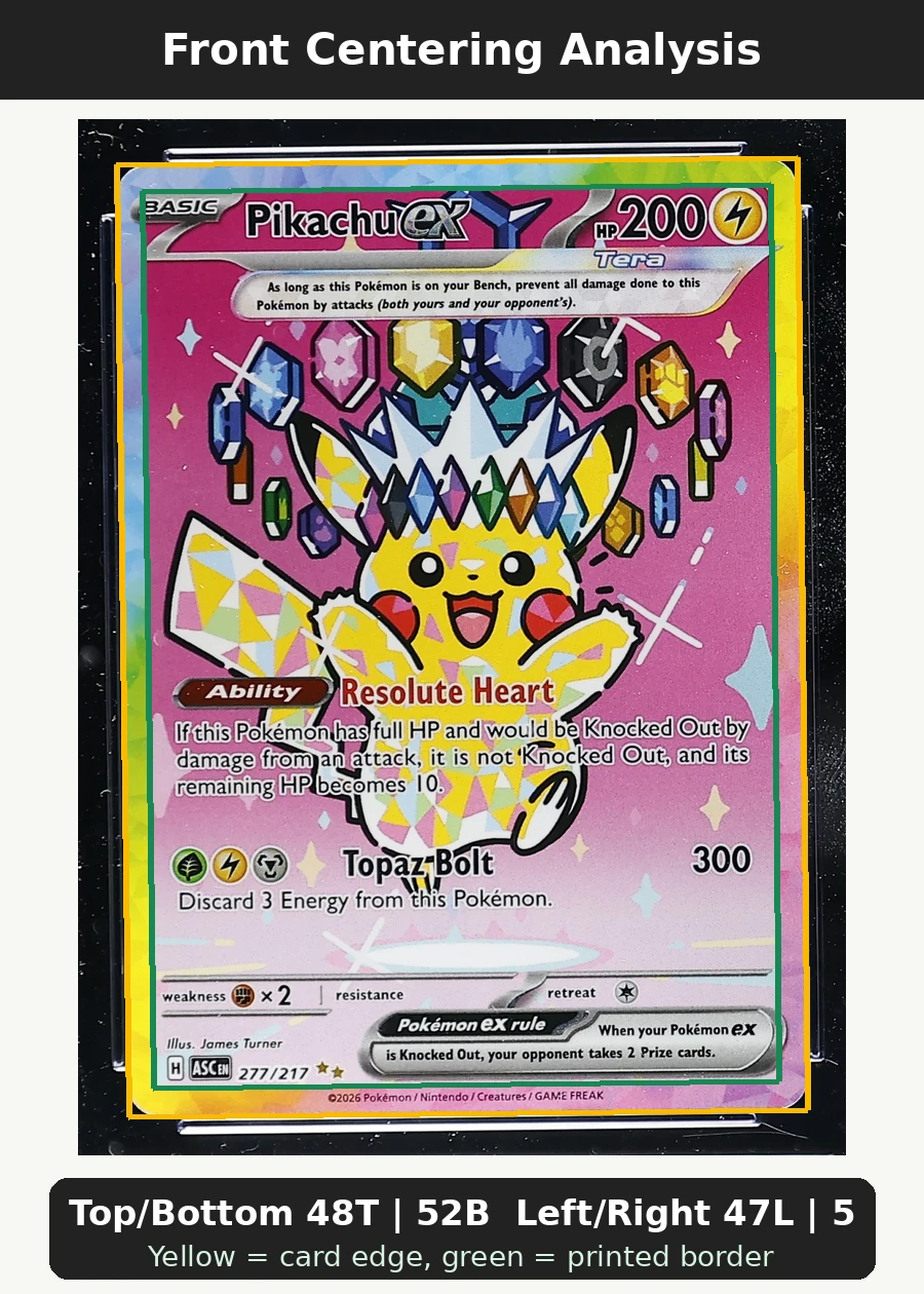 Pikachu ex 277/217 Ascended Heroes front centering analysis showing Top/Bottom 48T | 52B and Left/Right 47L | 53R.
