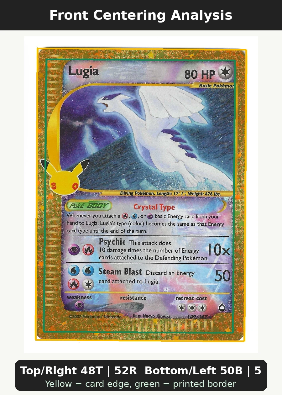 Lugia 149 30th Classic Collection front centering analysis showing Top/Right 48T | 52R and Bottom/Left 50B | 50L.