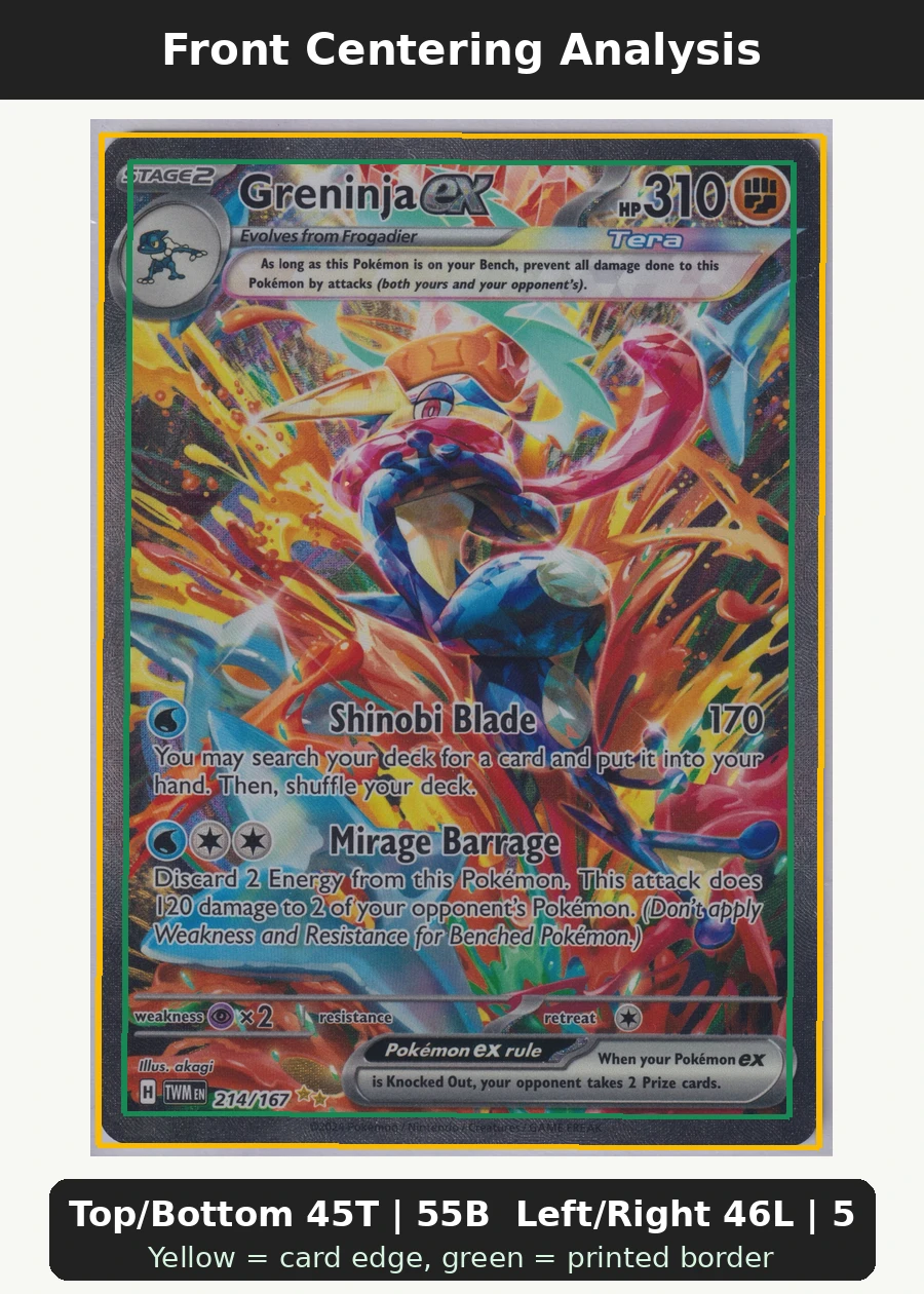 Greninja ex 214/167 Twilight Masquerade front centering analysis showing Top/Bottom 45T | 55B and Left/Right 46L | 54R.