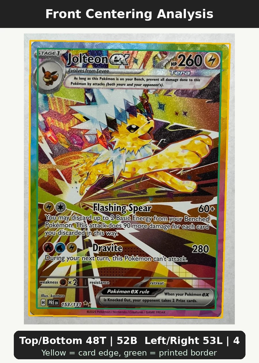 Jolteon ex 153/131 Prismatic Evolutions front centering analysis showing Top/Bottom 48T | 52B and Left/Right 53L | 47R.
