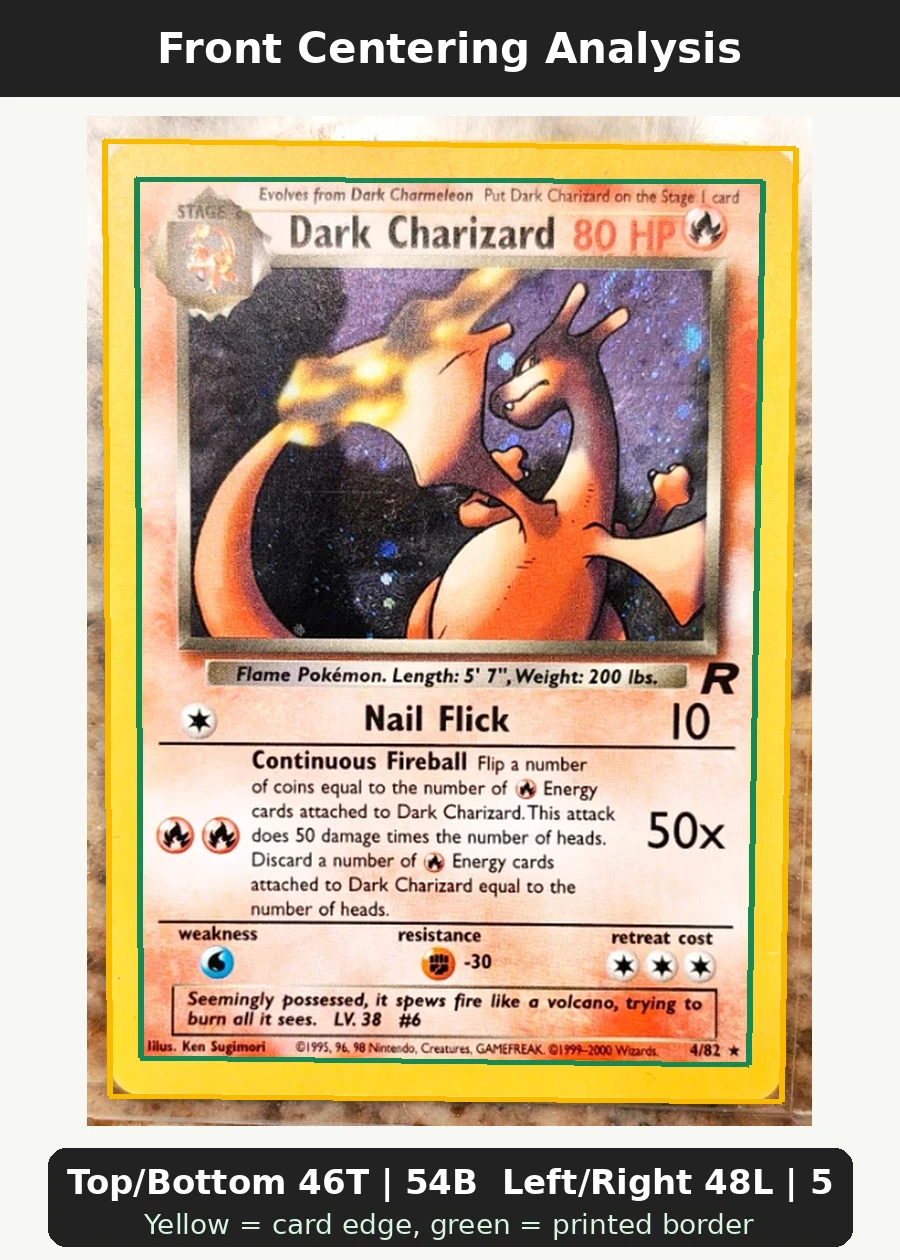 Dark Charizard 004/82 Team Rocket front centering analysis showing Top/Bottom 46T | 54B and Left/Right 48L | 52R.