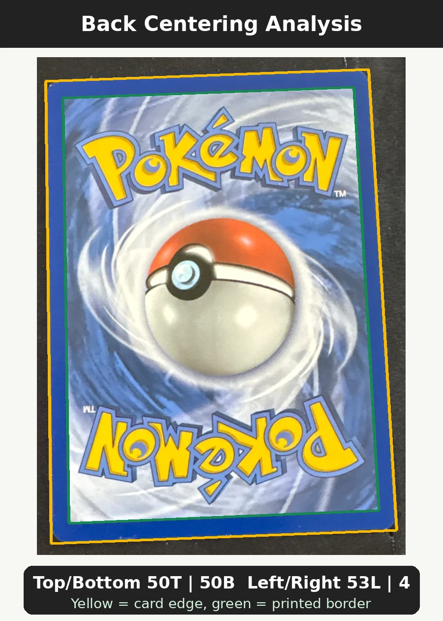 Charizard 011/108 Evolutions back centering analysis showing Top/Bottom 50T | 50B and Left/Right 53L | 47R.