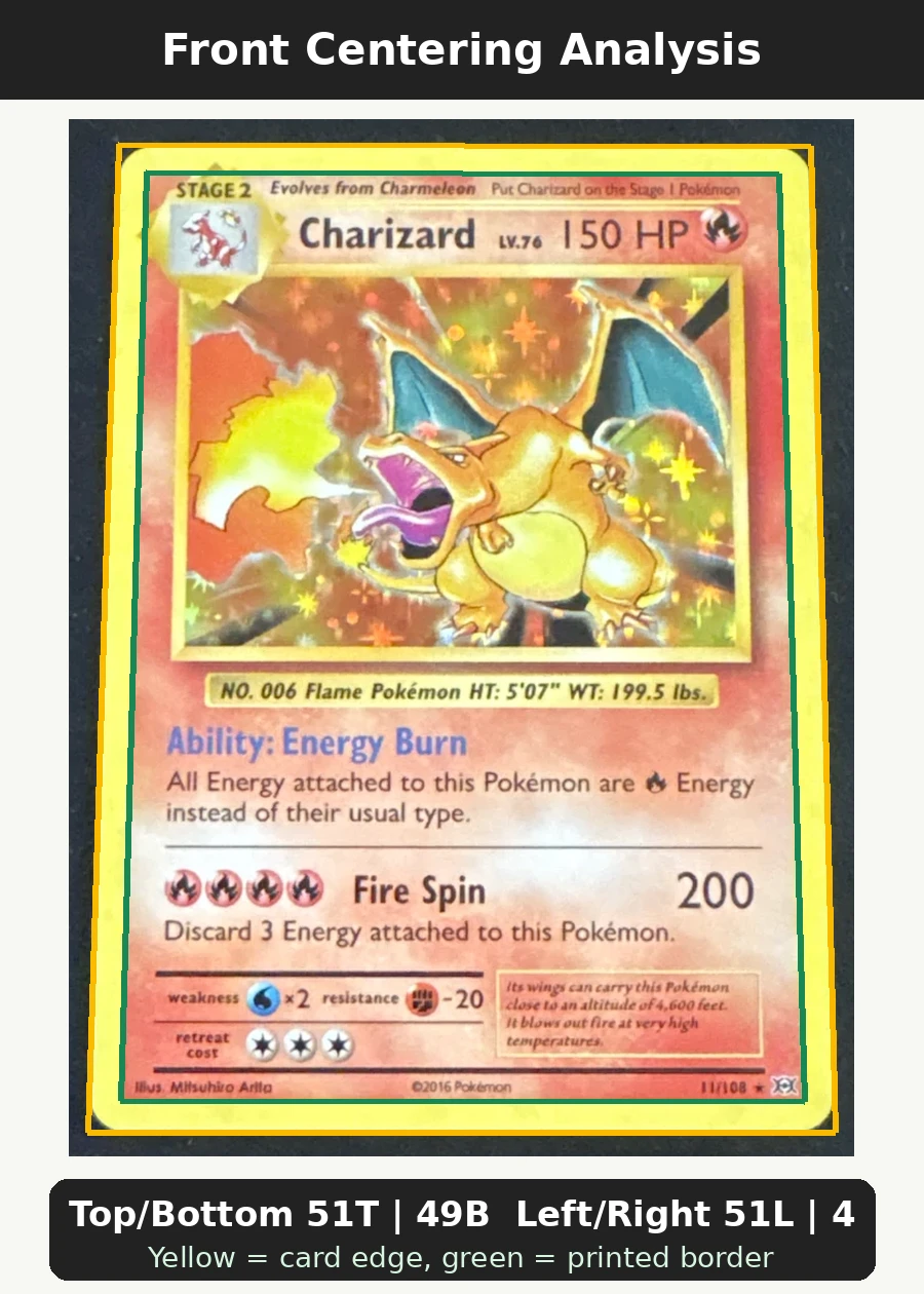 Charizard 011/108 Evolutions front centering analysis showing Top/Bottom 51T | 49B and Left/Right 51L | 49R.
