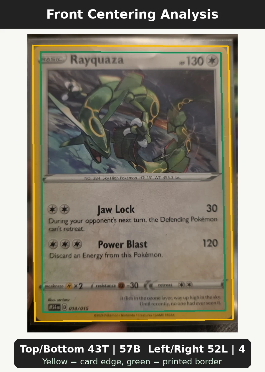 Rayquaza 014/15 McDonald's Collection 2024 front centering analysis showing Top/Bottom 43T | 57B and Left/Right 52L | 48R.