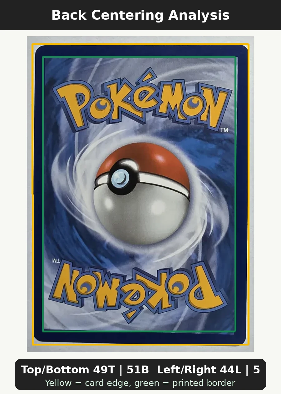 Meowth 106/94 Phantasmal Flames back centering analysis showing Top/Bottom 49T | 51B and Left/Right 44L | 56R.