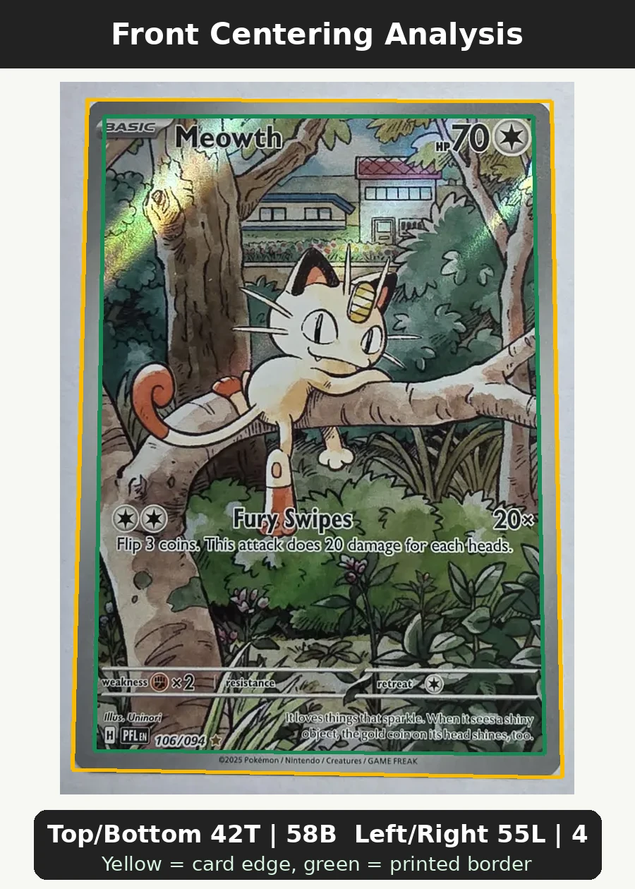 Meowth 106/94 Phantasmal Flames front centering analysis showing Top/Bottom 42T | 58B and Left/Right 55L | 45R.