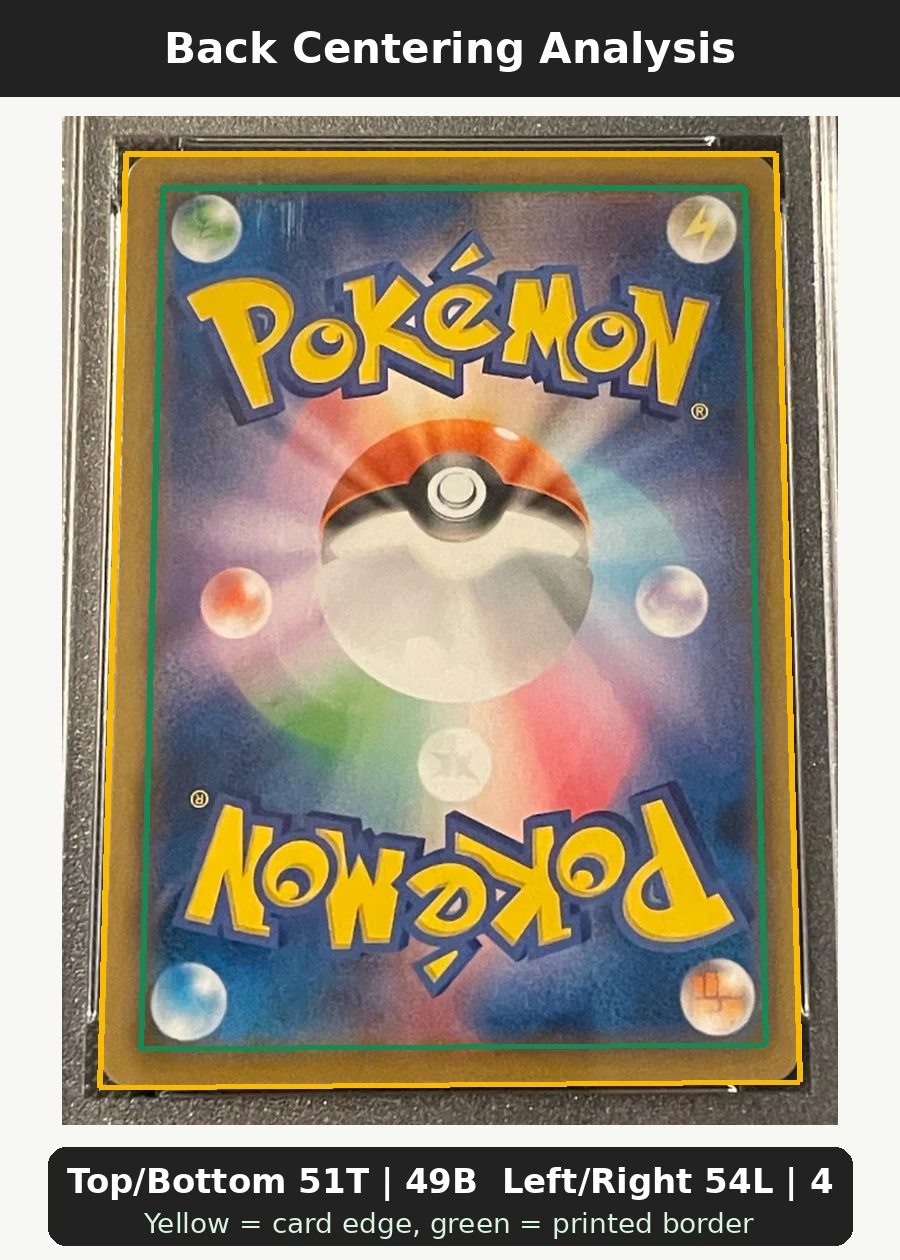 Pretend Boss Pikachu 197 Sun & Moon Promos back centering analysis showing Top/Bottom 51T | 49B and Left/Right 54L | 46R.