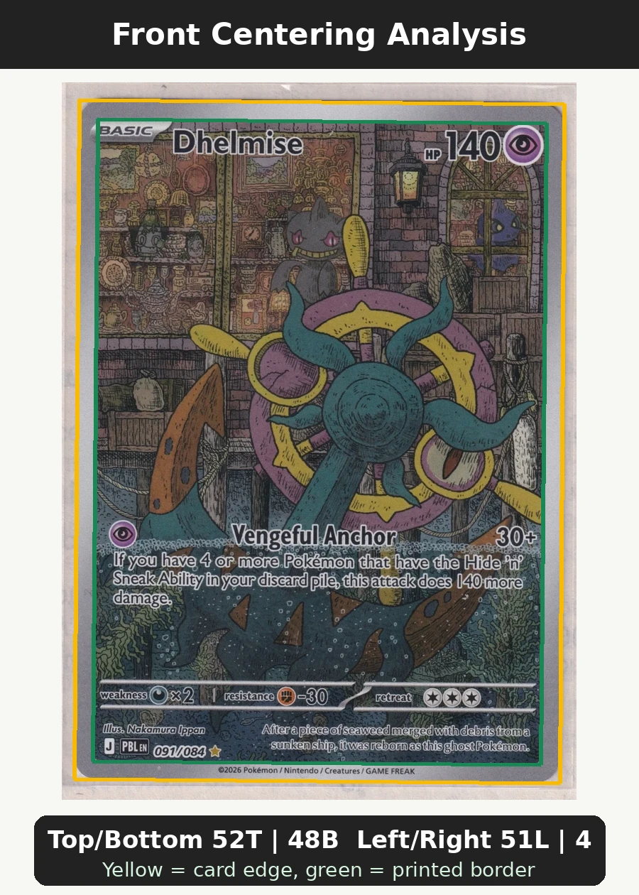 Dhelmise 091/84 Pitch Black front centering analysis showing Top/Bottom 52T | 48B and Left/Right 51L | 49R.