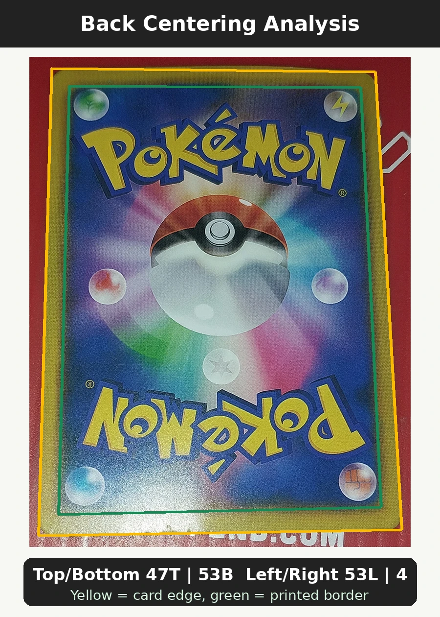 Pikachu 279 XY Promos back centering analysis showing Top/Bottom 47T | 53B and Left/Right 53L | 47R.
