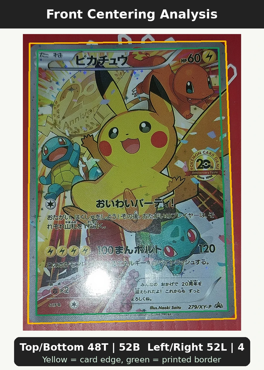 Pikachu 279 XY Promos front centering analysis showing Top/Bottom 48T | 52B and Left/Right 52L | 48R.