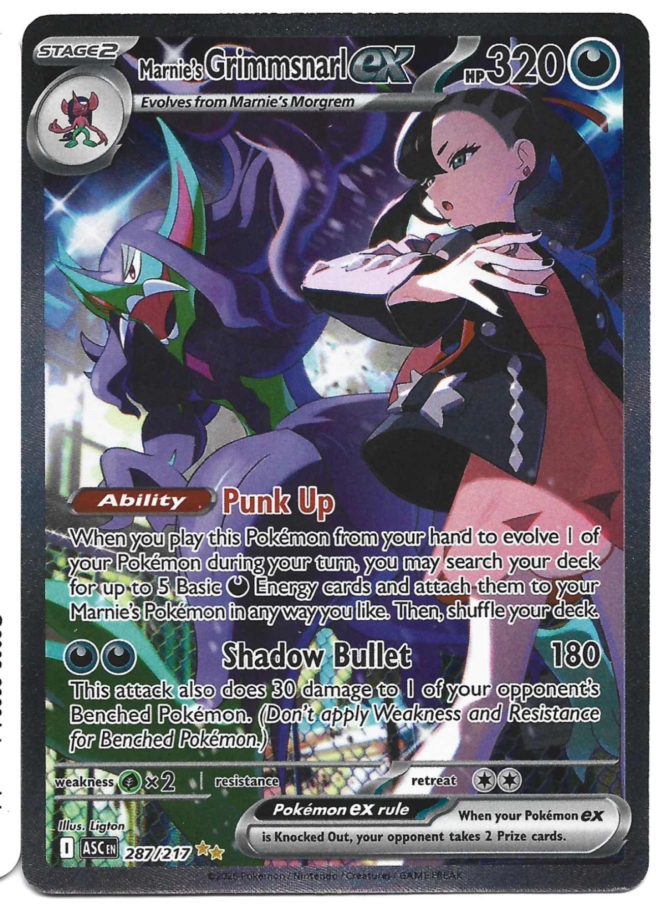 Marnie's Grimmsnarl ex 287/217 Ascended Heroes front card photo in PokeToGrade pregrading report