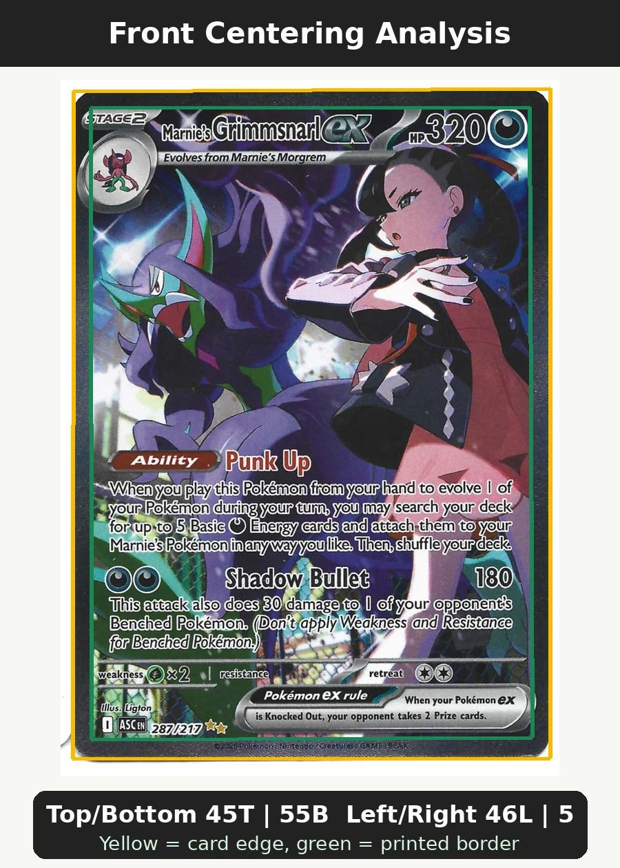 Marnie's Grimmsnarl ex 287/217 Ascended Heroes front centering analysis showing Top/Bottom 45T | 55B and Left/Right 46L | 54R.
