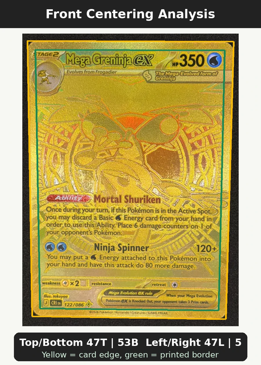 Mega Greninja ex 122/86 Chaos Rising front centering analysis showing Top/Bottom 47T | 53B and Left/Right 47L | 53R.