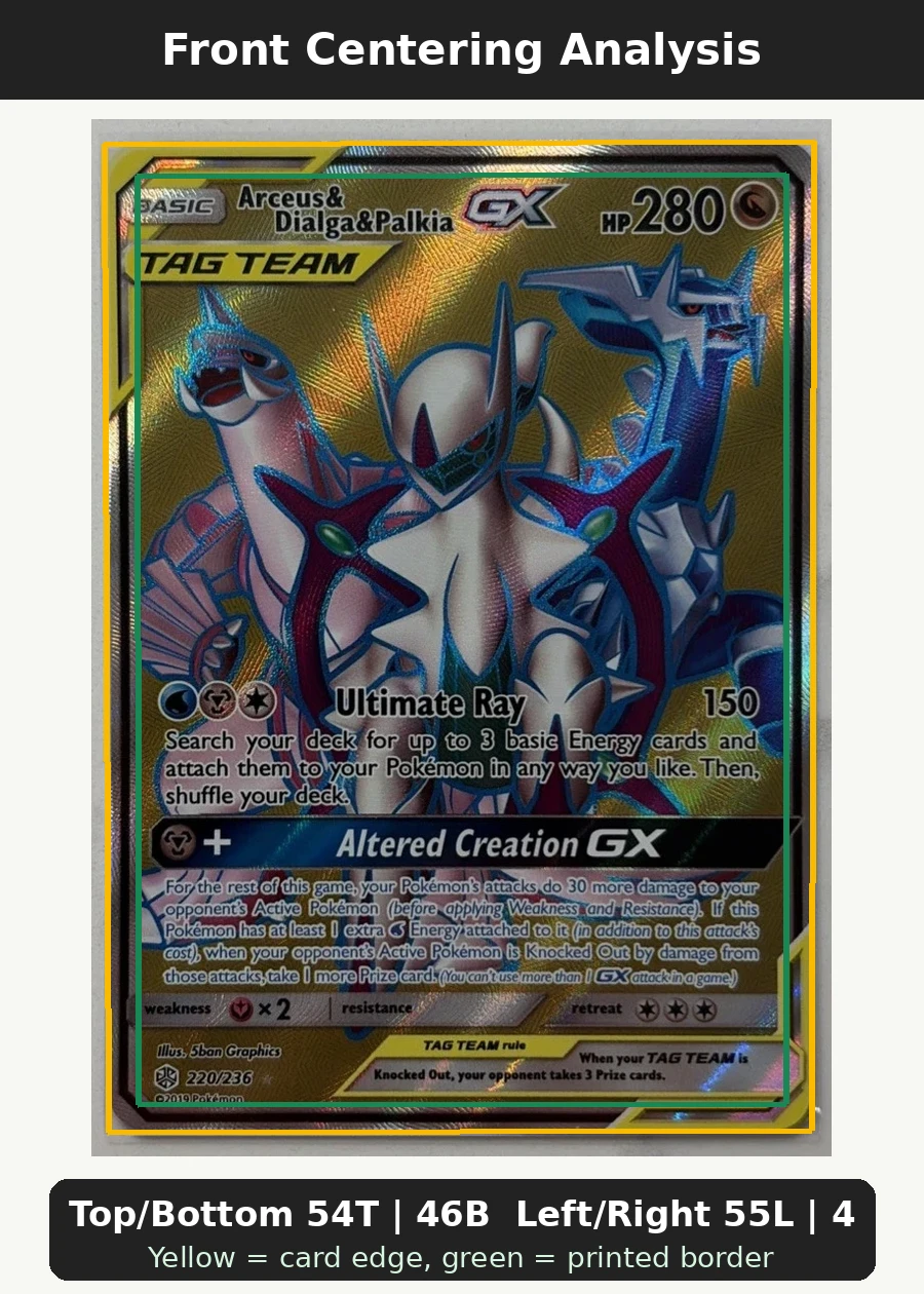 Arceus & Dialga & Palkia GX 220/236 Cosmic Eclipse front centering analysis showing Top/Bottom 54T | 46B and Left/Right 55L | 45R.