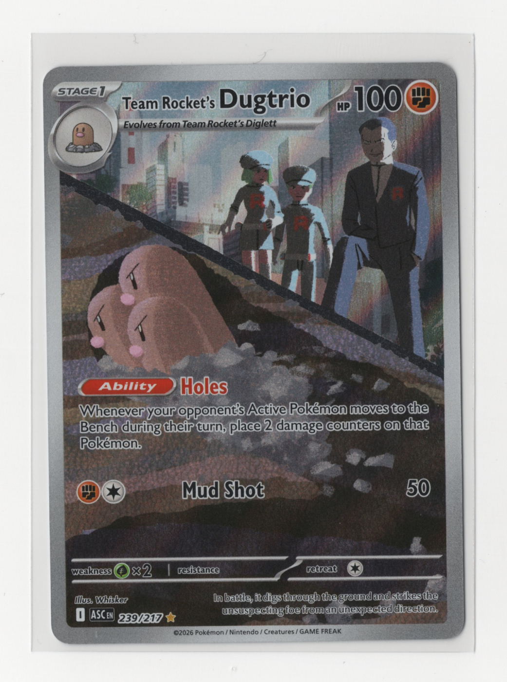 Team Rocket's Dugtrio 239/217 Ascended Heroes front card photo in PokeToGrade pregrading report