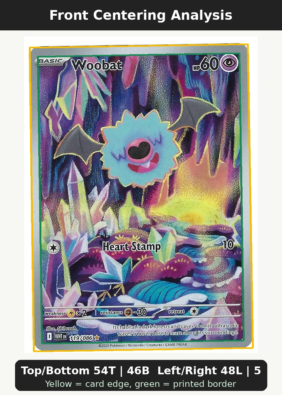 Woobat 119/86 White Flare front centering analysis showing Top/Bottom 54T | 46B and Left/Right 48L | 52R.