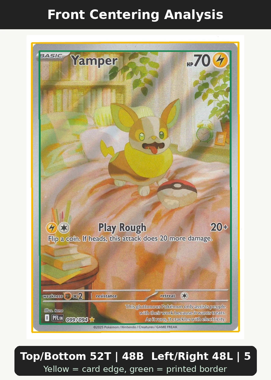Yamper 099/94 Phantasmal Flames front centering analysis showing Top/Bottom 52T | 48B and Left/Right 48L | 52R.