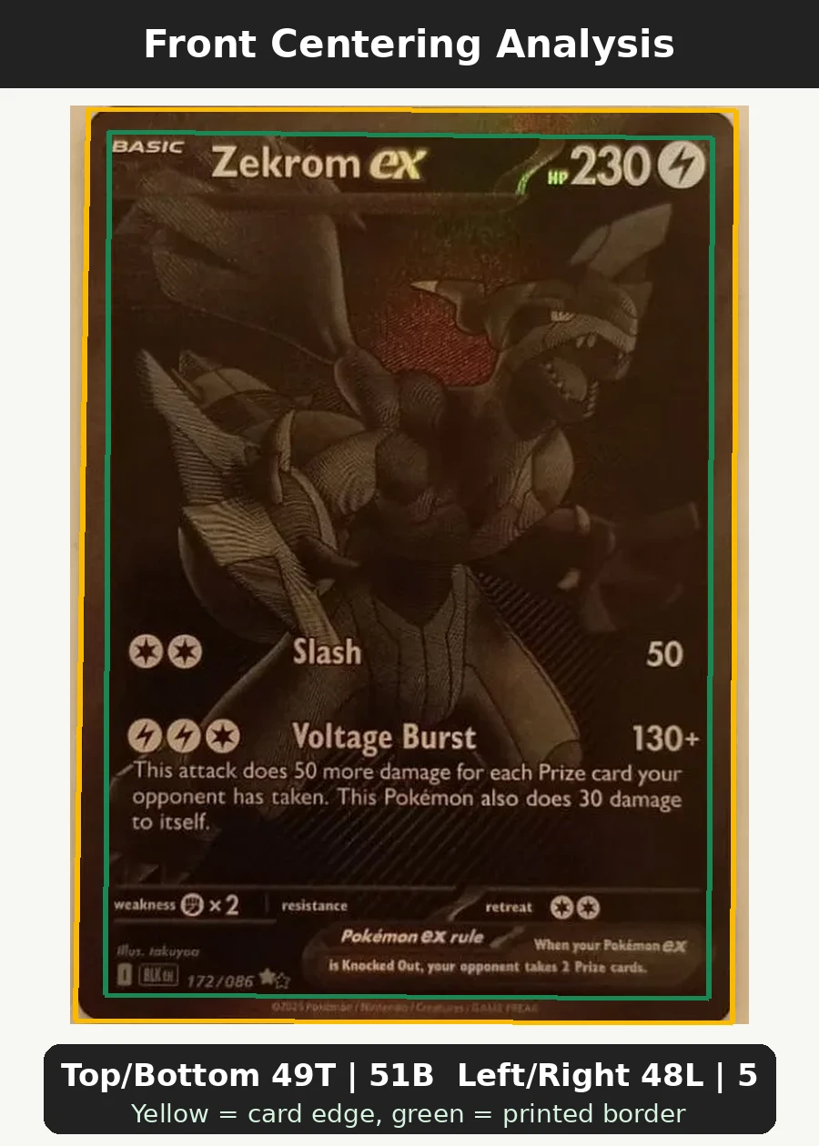 Zekrom ex 172/86 Black Bolt front centering analysis showing Top/Bottom 49T | 51B and Left/Right 48L | 52R.