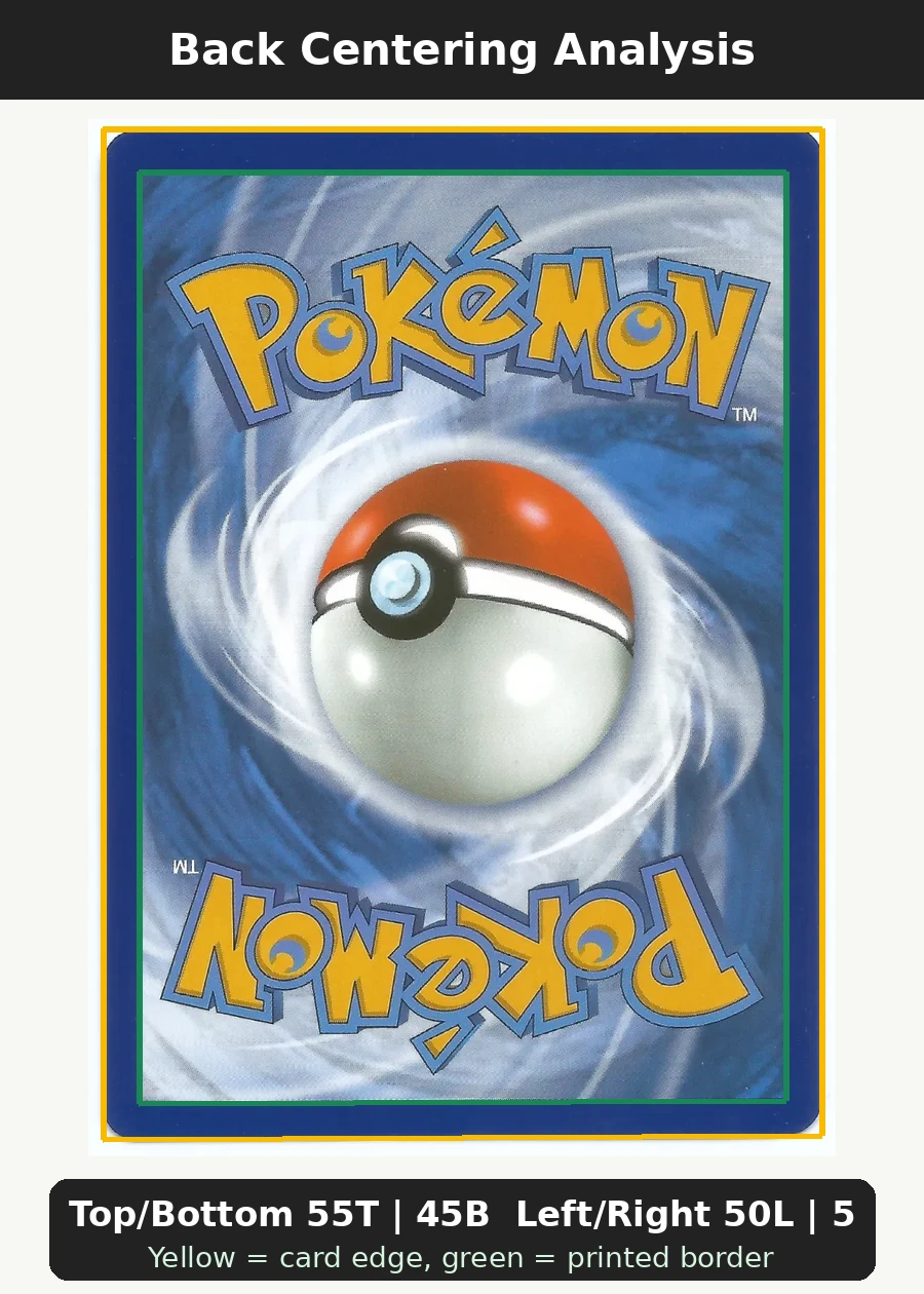 Charizard ex 228/197 Obsidian Flames back centering analysis showing Top/Bottom 55T | 45B and Left/Right 50L | 50R.