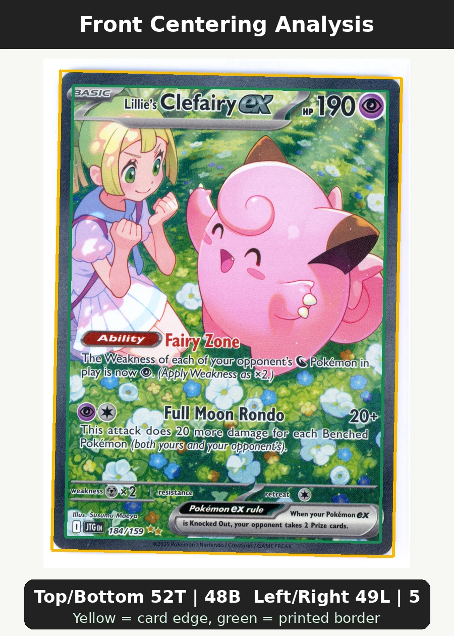 Lillie's Clefairy ex 184/159 Journey Together front centering analysis showing Top/Bottom 52T | 48B and Left/Right 49L | 51R.