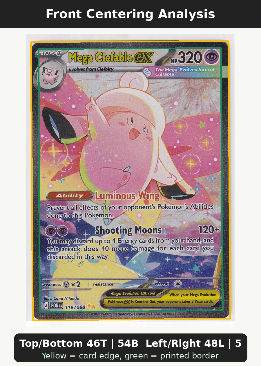 Mega Clefable ex 119/88 Perfect Order front centering analysis showing Top/Bottom 46T | 54B and Left/Right 48L | 52R.