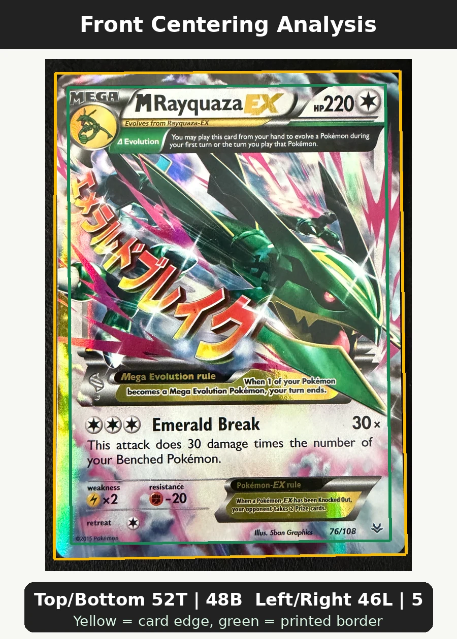 M Rayquaza EX 76A/25 Celebrations front centering analysis showing Top/Bottom 52T | 48B and Left/Right 46L | 54R.