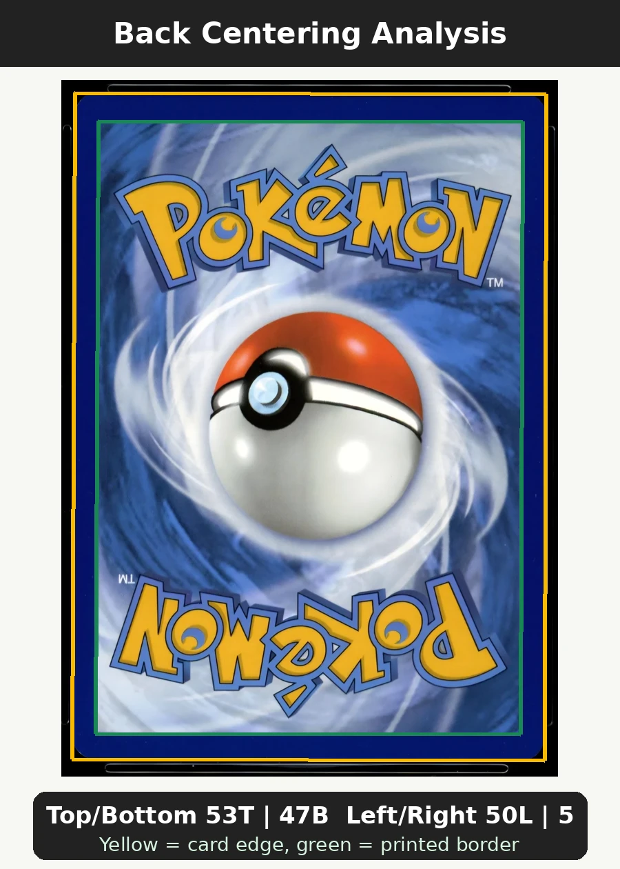 Charizard ex 199/165 151 back centering analysis showing Top/Bottom 53T | 47B and Left/Right 50L | 50R.