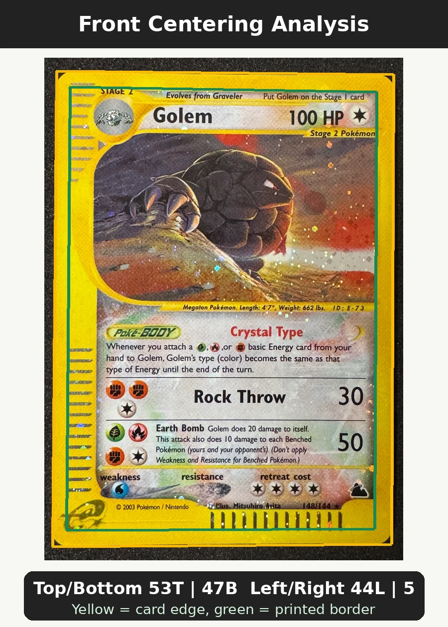 Golem 148/144 · Holo Skyridge front centering analysis showing Top/Bottom 53T | 47B and Left/Right 44L | 56R.