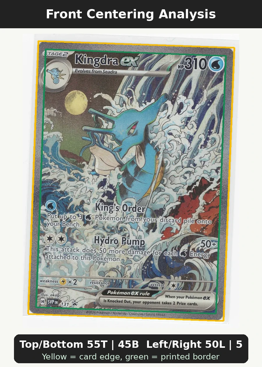Kingdra ex 131/225 SVP Black Star Promos front centering analysis showing Top/Bottom 55T | 45B and Left/Right 50L | 50R.
