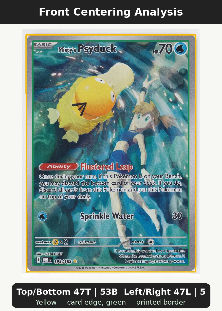 Misty's Psyduck 193/182 Destined Rivals front centering analysis showing Top/Bottom 47T | 53B and Left/Right 47L | 53R.