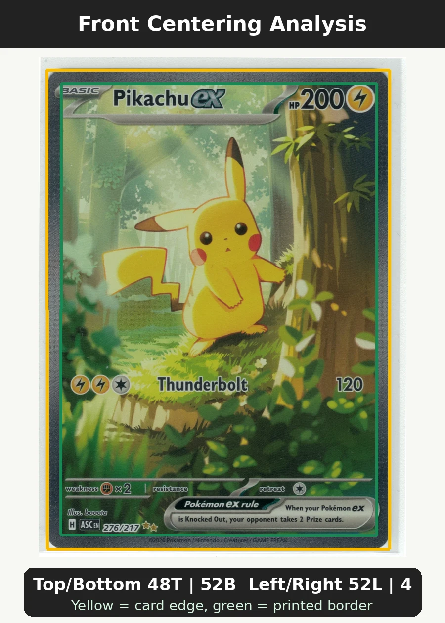 Pikachu ex 276/217 Ascended Heroes front centering analysis showing Top/Bottom 48T | 52B and Left/Right 52L | 48R.