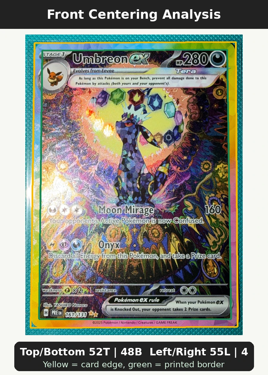 Umbreon ex 161/131 Prismatic Evolutions front centering analysis showing Top/Bottom 52T | 48B and Left/Right 55L | 45R.