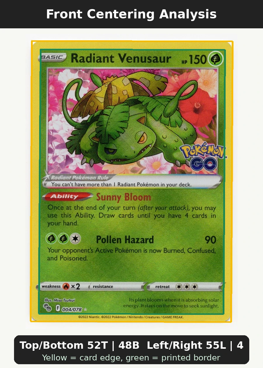 Radiant Venusaur 004/78 Pokémon GO front centering analysis showing Top/Bottom 52T | 48B and Left/Right 55L | 45R.